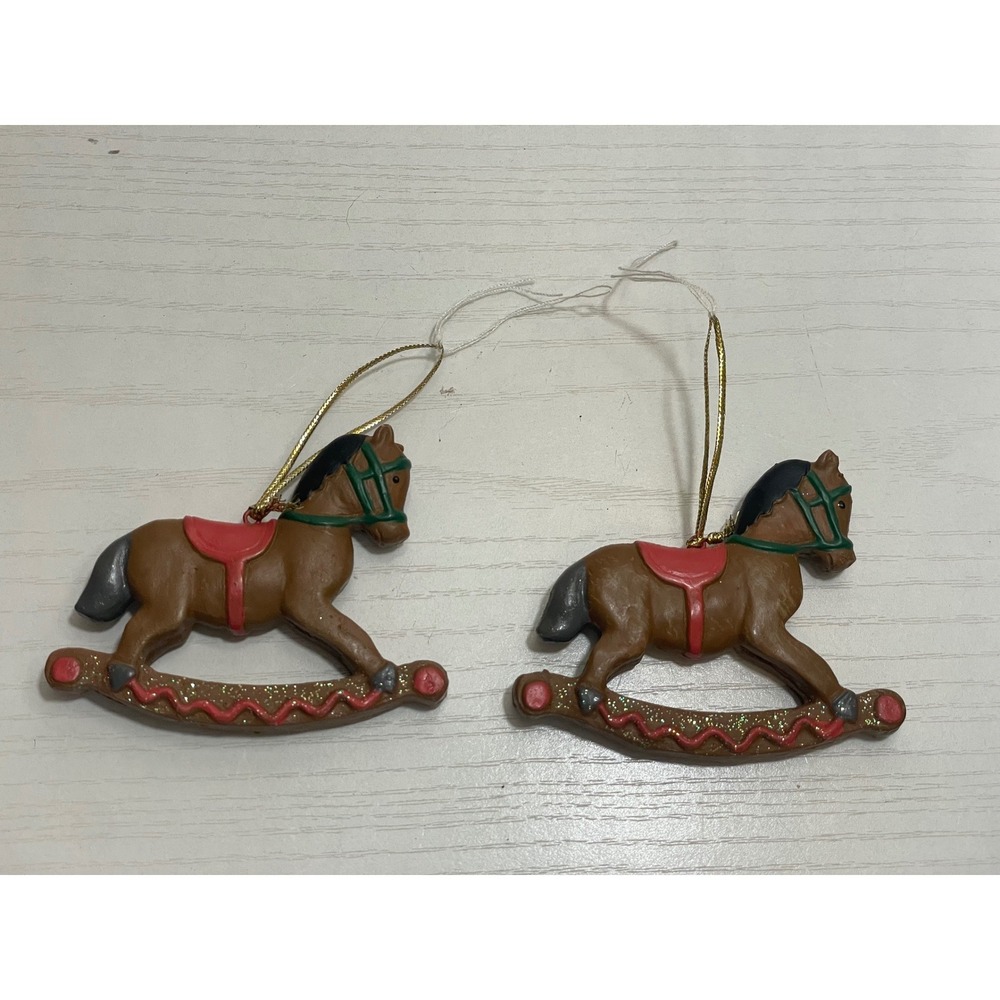 VTG  Rocking Horse Christmas Ornaments Set of‎ 2 Unbranded Brown Red Green